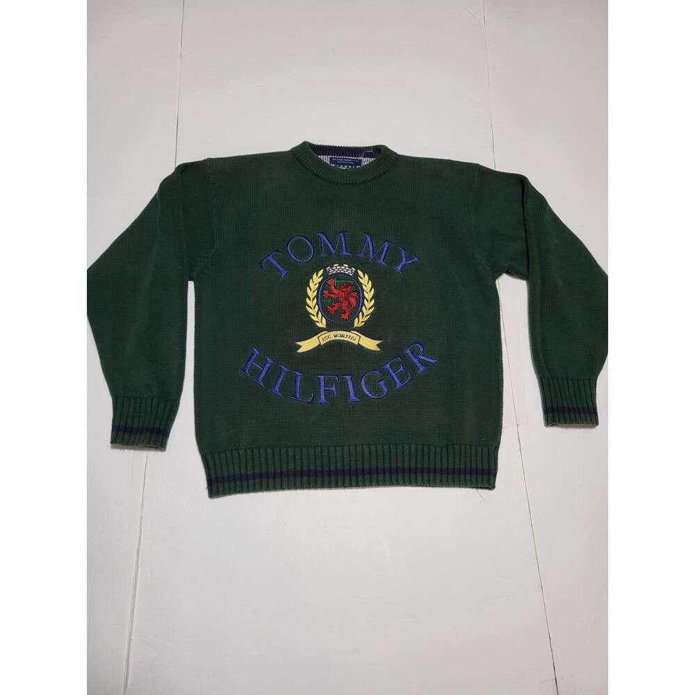 (#L8) Tommy Hilfiger Long Sleeve Pullover Vintage Green Sweater Size Youth XL